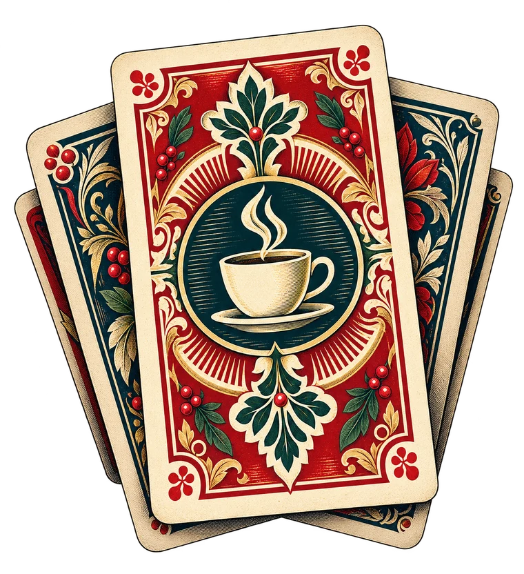 Illustration of three fanned playing cards with a steaming coffee cup at the center