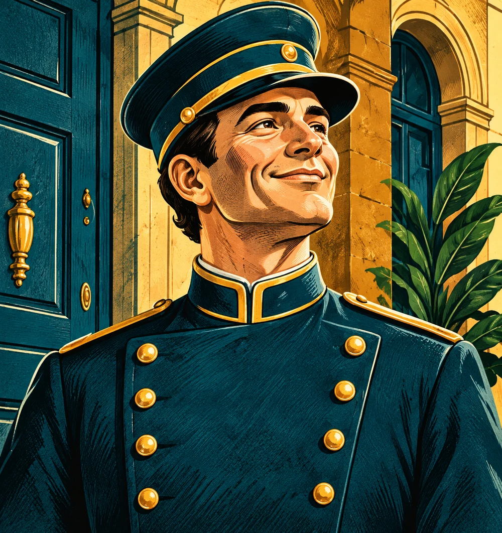 Illustration of a smiling doorman in a teal uniform with gold buttons, standing before a blue door in a golden stone archway