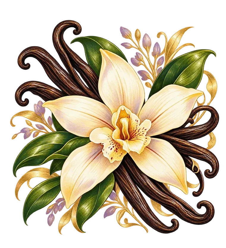Illustration of a cream vanilla orchid over crossed vanilla beans, with green leaves and lavender sprigs